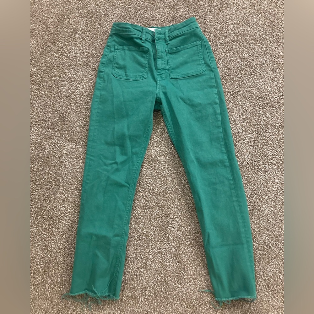 Zara Green Straight Fit Super High Rise Cropped Comfort Denim Jeans